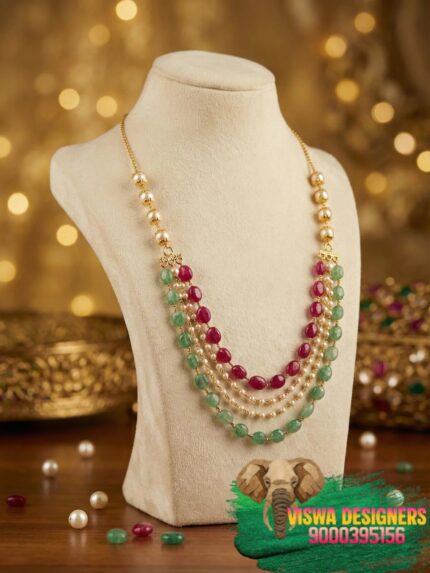 kempu,pearl,Emerald mala 3 layers